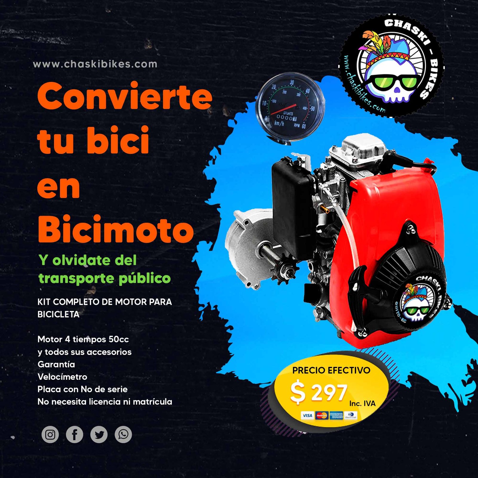 kit de motor para bicicleta 50cc 4 tiempos de cadenilla